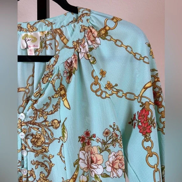 Fig & Flower Blouse Tie Sleeve Aqua Gold Anthropologie Cottagecore Spring Small - Picture 3 of 9